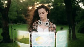 A young woman walks through the park, surrounded by futuristic holographic interfaces displaying maps and images, symbolizing augmented reality and digital connectivity - Powered by Shutterstock - Get 15% off with code: PIKWIZARD15