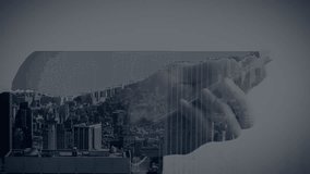 Holding smartphone, hand with envelope icon and pink letter over cityscape animation. Communication, technology, digital, messaging, mobile, urban - Powered by Shutterstock - Get 15% off with code: PIKWIZARD15