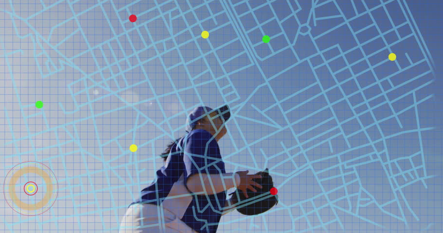 Baseball player catching ball with animation of map and data points overlay. Sports, athlete, technology, analytics, infographics, teamwork