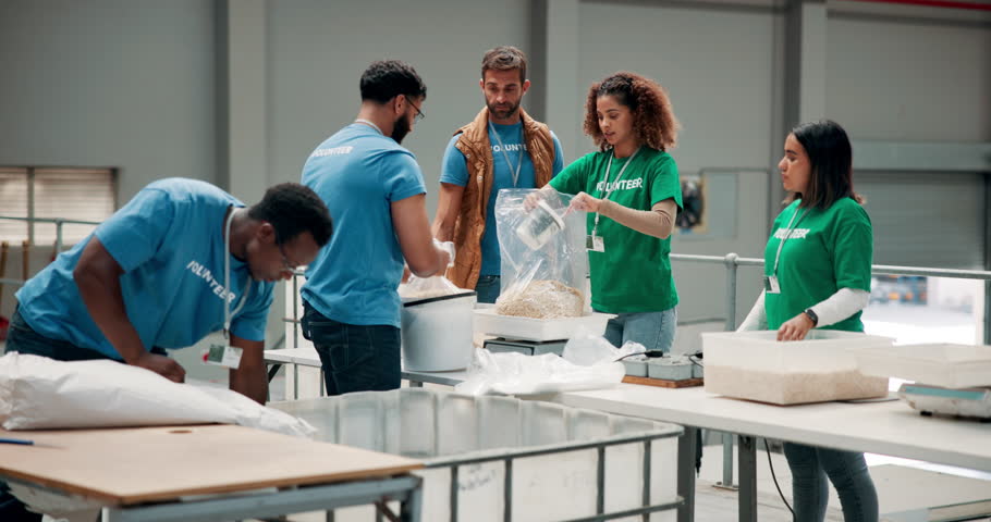 Charity, food bank and teamwork with volunteer people packing donations for community outreach. Contribution, humanitarian aid and social responsibility with ngo group organizing oats for non profit