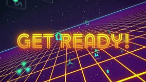 Get Ready text animation over neon grid with digital icons in space theme. Futuristic, technology, virtual - Powered by Shutterstock - Get 15% off with code: PIKWIZARD15