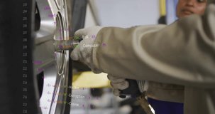 Animation of mechanic working on car wheel with coding text overlay in garage. Automotive, repair, technology, digital, innovation, engineer - Powered by Shutterstock - Get 15% off with code: PIKWIZARD15