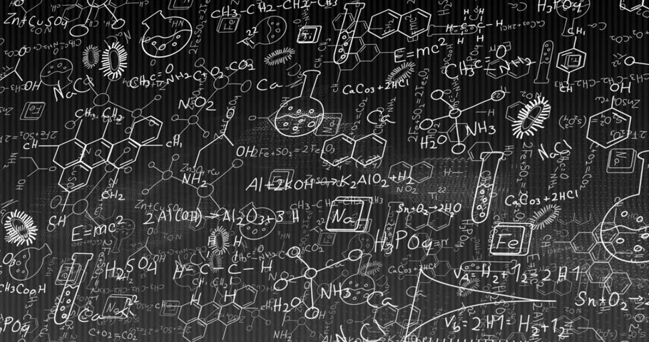 Animation of scientific formulas and molecular structures over digital binary code background. Science, technology, chemistry, physics, data