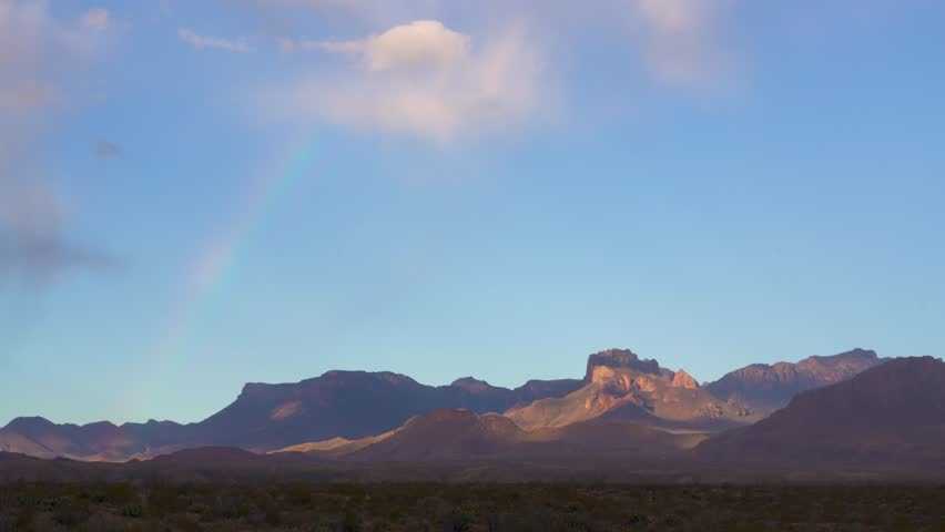 Big Bend National Park Rainbow Over Chisos Mountains Day Time Blue Sky Wide View