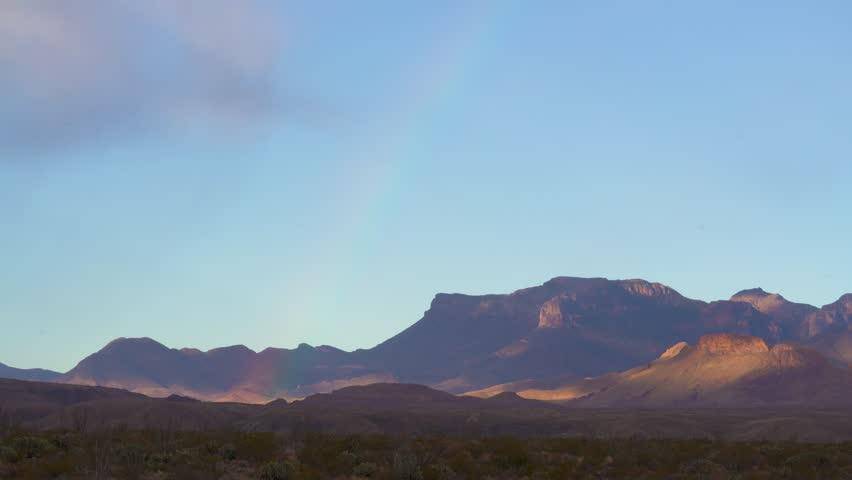 Rainbow Over Chisos Mountains Big Bend National Park Day Time Blue Sky Wide View