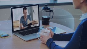 Person holding mug watching video call on laptop with digital overlay animation. Technology, virtual meeting, remote work, video conference, digital communication - Powered by Shutterstock - Get 15% off with code: PIKWIZARD15