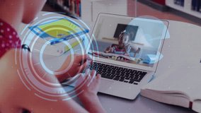 Child waving on laptop screen with digital interface animation overlay. Technology, communication, virtual, online, connectivity, interaction - Powered by Shutterstock - Get 15% off with code: PIKWIZARD15