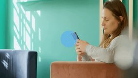 Using smartphone, woman receiving social media notifications with animation overlay. Technology, digital, communication, mobile, online - Powered by Shutterstock - Get 15% off with code: PIKWIZARD15