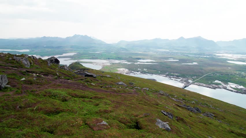Epic Aerial Offersoykammen Norway Hiking Trail. Lofoten Islands Drone Landscape Tour
