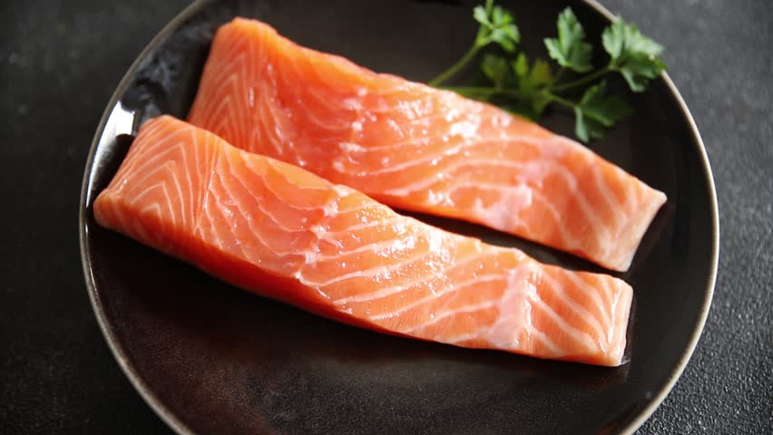 Salmon red fish organic seafood tasty fresh delicious gourmet food background on table rustic food top view copy space keto and paleo diet vegetarian food pescetarian diet