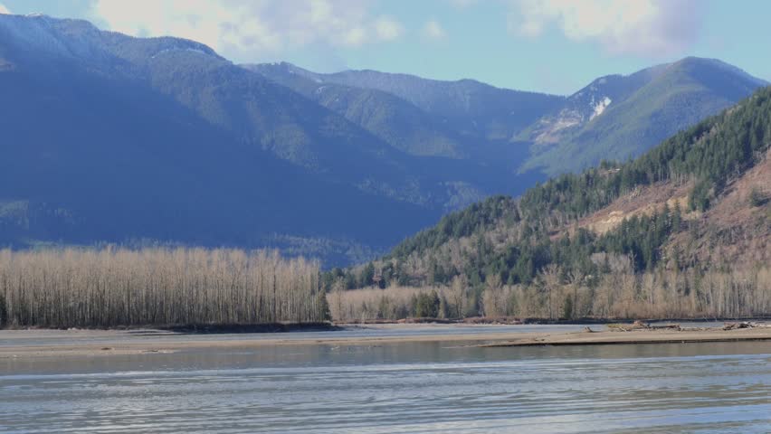 Beautiful view of the Fraser River at Island 22 Regional Park during a winter season in Chilliwack, British Columbia, Canada
