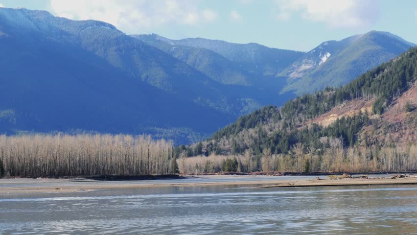 Beautiful view of the Fraser River with a helicopter passing through at Island 22 Regional Park during a winter season in Chilliwack, British Columbia, Canada