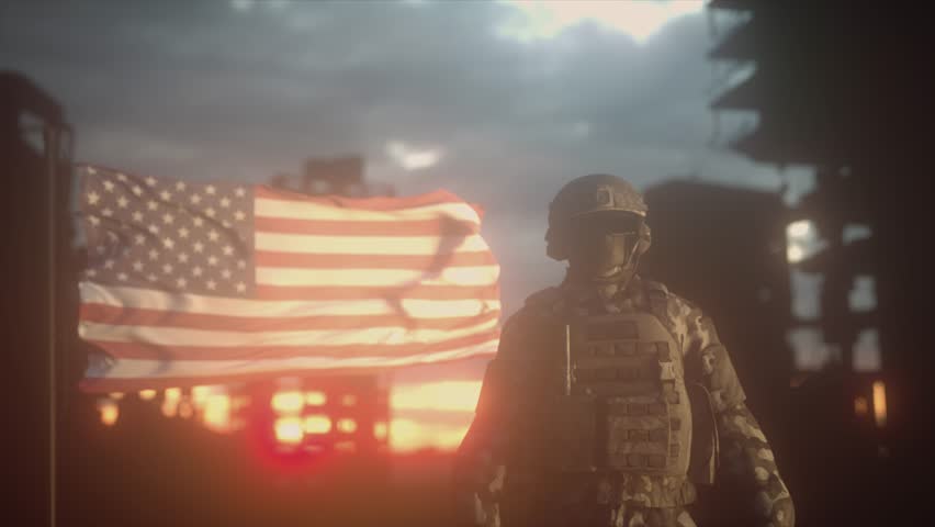 Soldier Standing Against a War-Torn City with USA Flag Waving in the Background. Epic Military Scene Depicting Strength, Patriotism, and the Harsh Realities of Modern Warfare - Powered by Shutterstock - Get 15% off with code: PIKWIZARD15