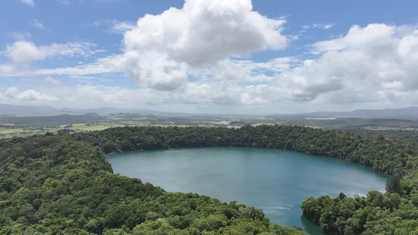 Aerial footage of Lake Eacham Atherton Tablelands Queensland Australia