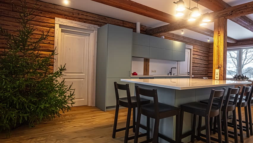 Breakfast nook on a kitchen island in an open concept rustic home