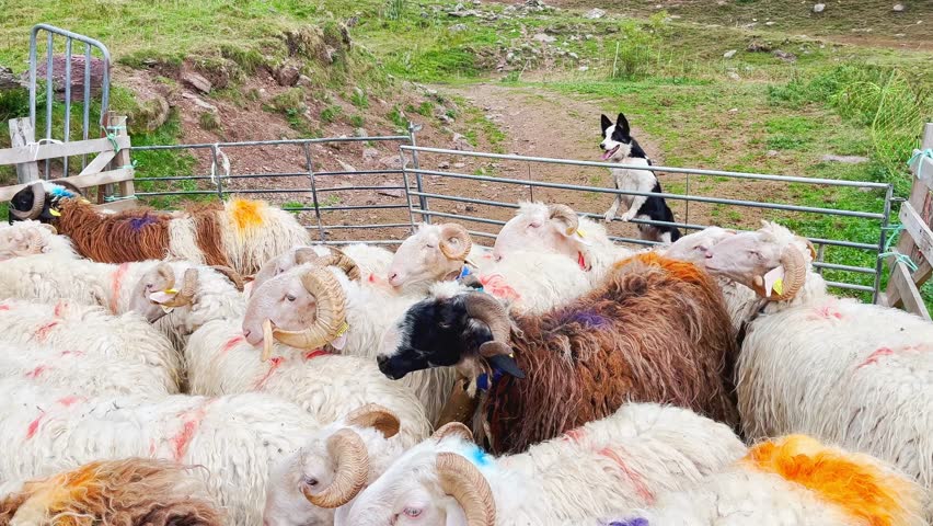 Sheep farm in the Pyrenees mountains, France, an area famous for its sheep cheese production and dairy farming in Southern Europe. A Border Collie shepherd dog skillfully controls the flock of sheep.