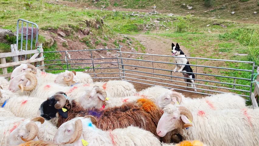 Sheep farm in the Pyrenees mountains, France, an area famous for its sheep cheese production and dairy farming in Southern Europe. A Border Collie shepherd dog skillfully controls the flock of sheep.