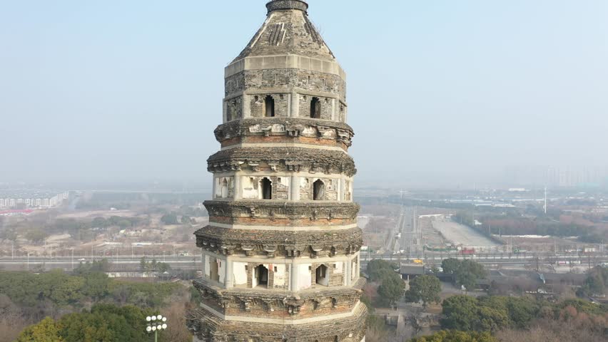 Aerial view of Suzhou Tiger Hill Park scenery and leaning pagoda, Suzhou City, Jiangsu province, China. 