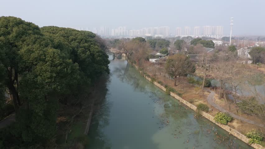 Aerial view of Suzhou Tiger Hill Park scenery and leaning pagoda, Suzhou City, Jiangsu province, China. 