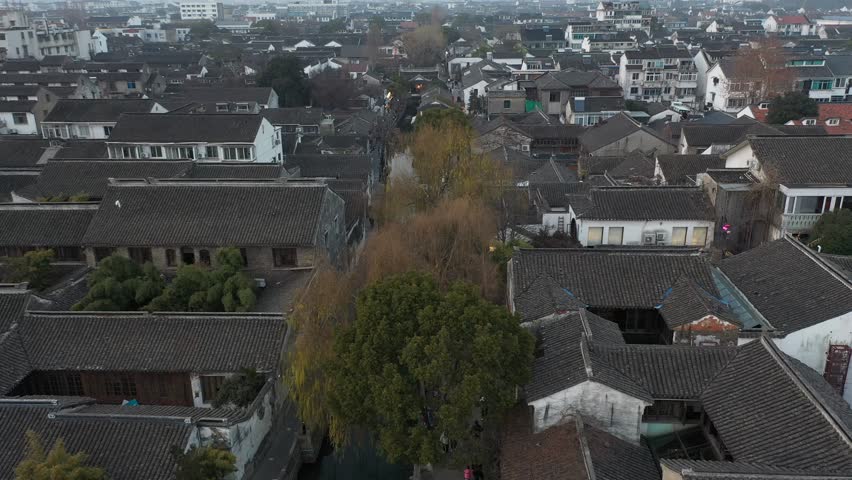Aerial view of Suzhou Tiger Hill Park scenery and leaning pagoda, Suzhou City, Jiangsu province, China. 