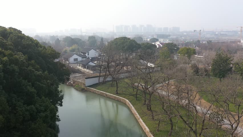 Aerial view of Suzhou Tiger Hill Park scenery and leaning pagoda, Suzhou City, Jiangsu province, China. 