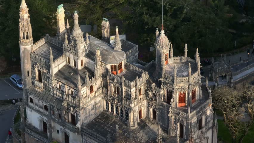 Quinta da Regaleira Palace is a Spectacular Mansion located near to historical center of Sintra, Portugal. Aerial Shot.