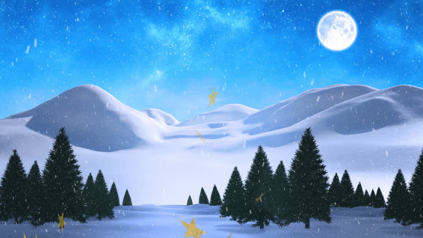 Under starry night sky, snowy landscape with pine trees and full moon visible. Nighttime, winter, moonlight, outdoors, pine forest, stargazing