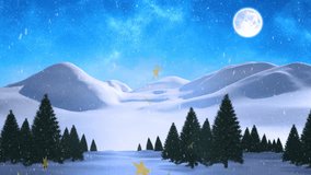 Under starry night sky, snowy landscape with pine trees and full moon visible. Nighttime, winter, moonlight, outdoors, pine forest, stargazing - Powered by Shutterstock - Get 15% off with code: PIKWIZARD15