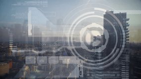 Cityscape with tall buildings featuring futuristic digital interface animation. Urban, technology, innovation, skyscraper, smart city, interactive - Powered by Shutterstock - Get 15% off with code: PIKWIZARD15