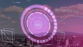 Cityscape with animation of futuristic digital interface and rotating data graphics. technology, innovation, virtual, urban - Powered by Shutterstock - Get 15% off with code: PIKWIZARD15