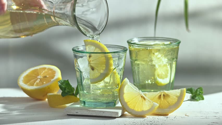 fresh green iced tea flowing in glasses with ice and lemon from glass carafe on sunny white wooden table top in slow motion