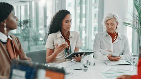 Tablet, business women and ideas in meeting, brainstorming or discussion for fashion magazine sales stats. Technology, cooperation or creative team planning data, metrics or insight in startup office - Powered by Shutterstock - Get 15% off with code: PIKWIZARD15