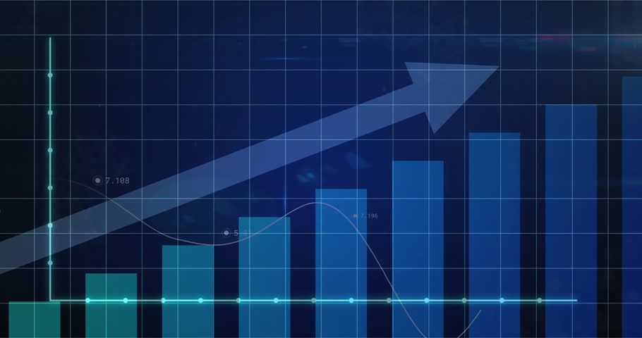 Animation showing bar and line graphs with upward arrow indicating financial growth. Finance, analytics, success, strategy, progress, trend