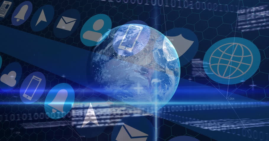 Animation of global financial data overlaying digital earth with network connections. Globalization, finance, technology, analytics, connectivity, economics