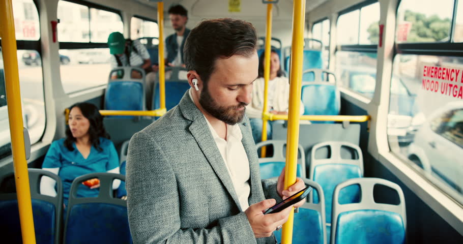 Bus, music and business man with phone in city for journey, commute and travel to work. Public transport, passenger and person on smartphone listening to radio, audio and track on vehicle in town