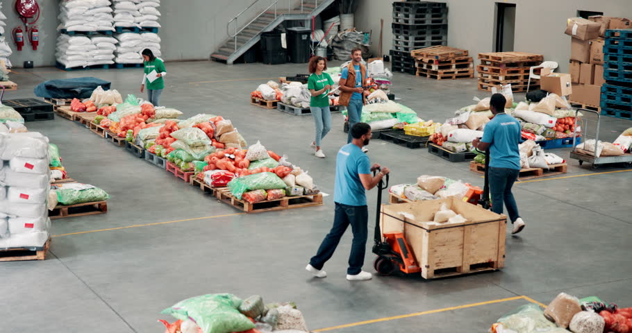 People, help and food distribution at warehouse, community charity and humanitarian crisis. Volunteering, staff and machine with groceries for courier services, homeless donation and parcel logistics