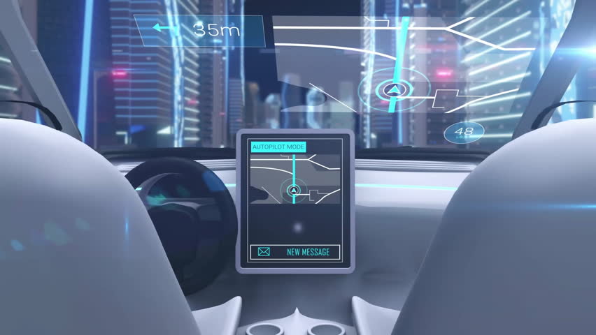 In car, digital navigation interface displaying animation of autopilot mode interior. Technology, automotive, innovation, futuristic, advanced, transport