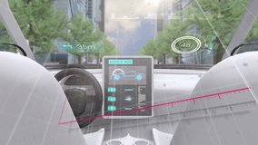Displaying animation of futuristic data, autonomous car dashboard in autopilot mode. technology, innovation, AI, transportation, digital, interface - Powered by Shutterstock - Get 15% off with code: PIKWIZARD15