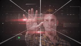 Interacting with digital QR code, man analyzing data with animation interface. Technology, innovation, analysis, scanning, futuristic, interactive - Powered by Shutterstock - Get 15% off with code: PIKWIZARD15