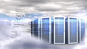 Animation of digital data and globe icons floating around cloud computing servers. Technology, network, digital communication, internet, connectivity, information - Powered by Shutterstock - Get 15% off with code: PIKWIZARD15