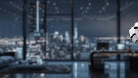 A robotic hand engages with a dynamic holographic interface showcasing geometric shapes and data metrics, reflecting modern technology in a sleek office environment. Auvana - Powered by Shutterstock - Get 15% off with code: PIKWIZARD15