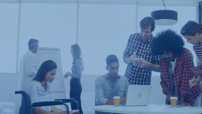 In office, diverse team collaborating with digital animation icons overlaying scene. Teamwork, collaboration, technology, innovation, creativity, business - Powered by Shutterstock - Get 15% off with code: PIKWIZARD15