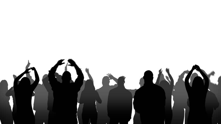Silhoutted men and women, cheering and being enthusiastic in a crowd. Black,