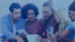 Using tablets with animation of social media icons, diverse group in school. Technology, digital, learning, diversity, classroom, education - Powered by Shutterstock - Get 15% off with code: PIKWIZARD15