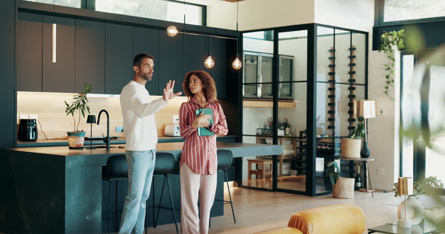 Home, real estate agent and woman with tablet, man and consultation for tour of apartment or talking. House, customer and property manager with tech for rental, people and discussion for budget