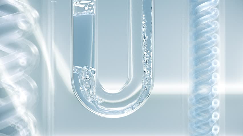 Blue liquid flows into flask in spiral shape, high-tech glass tube liquid flow, cosmetic essence extraction experiment. Cosmetics production in laboratory, chemical experiment research study.