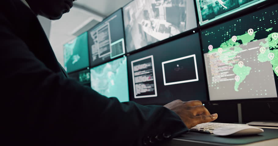 Computer screen, hands and surveillance with person in CCTV control room for satellite monitoring. Global map, search and typing with soldier at headquarters for military support or mission update
