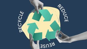 Hands Holding Green Recycling Symbol Against Blue Background with Text Representing Sustainability and Environmental Awareness Focused on Recycling Practices - Powered by Shutterstock - Get 15% off with code: PIKWIZARD15