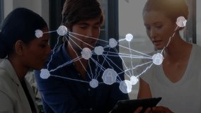 Collaborating with global network connections overlay, business professionals in office. Networking, teamwork, corporate, connectivity, collaboration, partnership - Powered by Shutterstock - Get 15% off with code: PIKWIZARD15