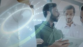 Business team discussing over digital data processing animation in office setting. Teamwork, collaboration, brainstorming, innovation, technology, strategy - Powered by Shutterstock - Get 15% off with code: PIKWIZARD15